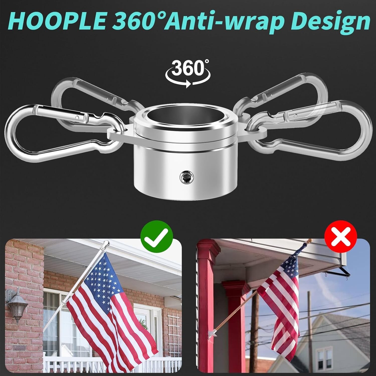 Flag Pole Rings 1.25 Inch 2PC, Anti Wrap Spinning Flag Pole Clips Swivels