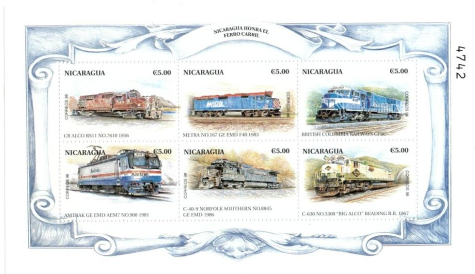 Nicaragua 1999 - Trains Railroads - Sheet of 6 stamps - Scott #2285 - MNH