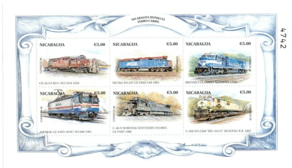 Nicaragua 1999 - Trains - Sheet of 6 stamps - Scott #2285 - MNH