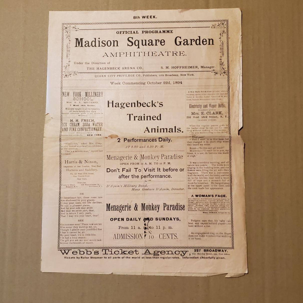 5157----1894 Madison Square Garden weekly bulletin NYC theatre + performances