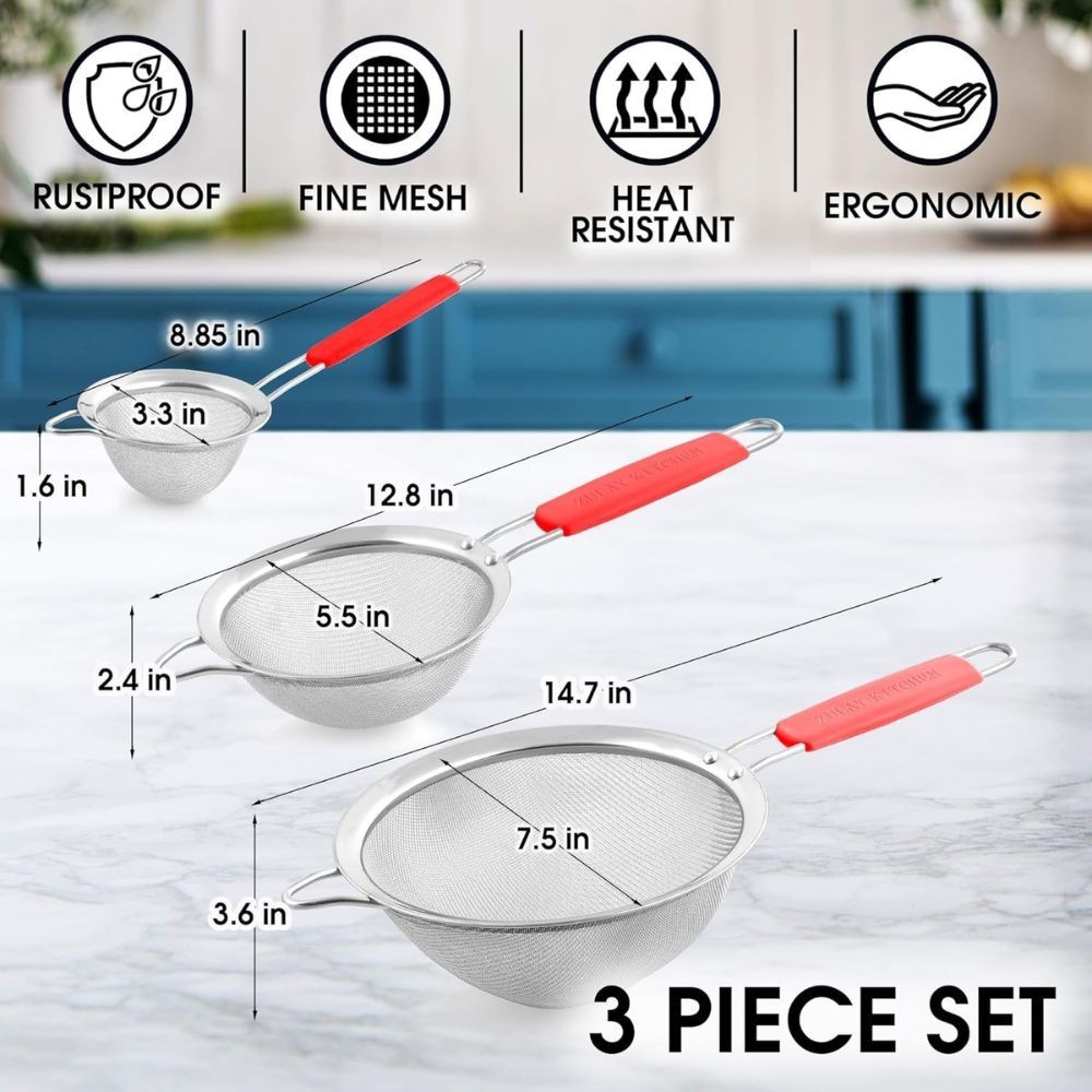Premium Stainless Steel Fine Mesh Strainer Set of 3 – Kitchen Sieves