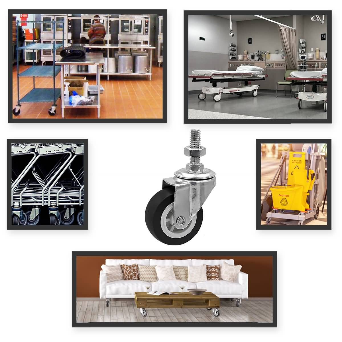 4 Pack 2 Inch Stem Caster Swivel Black Polyurethane Caster Wheels