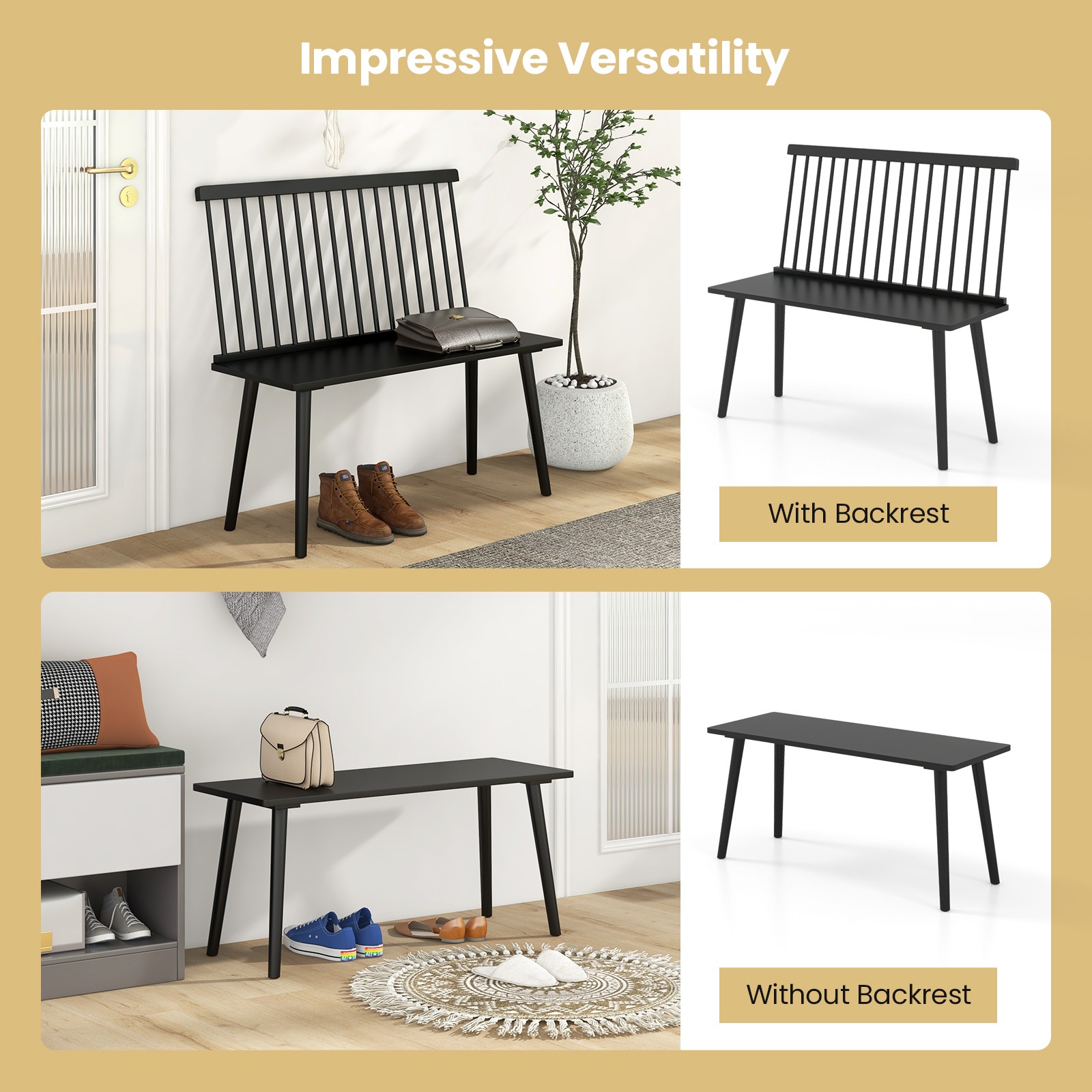 Entryway Bench for 2 Windsor Rubber Wood Dining Bench with Spindle Back Black