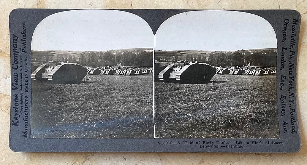 WW1 BRITISH - 40 BRITISH MARK V TANKS IN BETHUNE FRANCE - STEREO PHOTO c1917