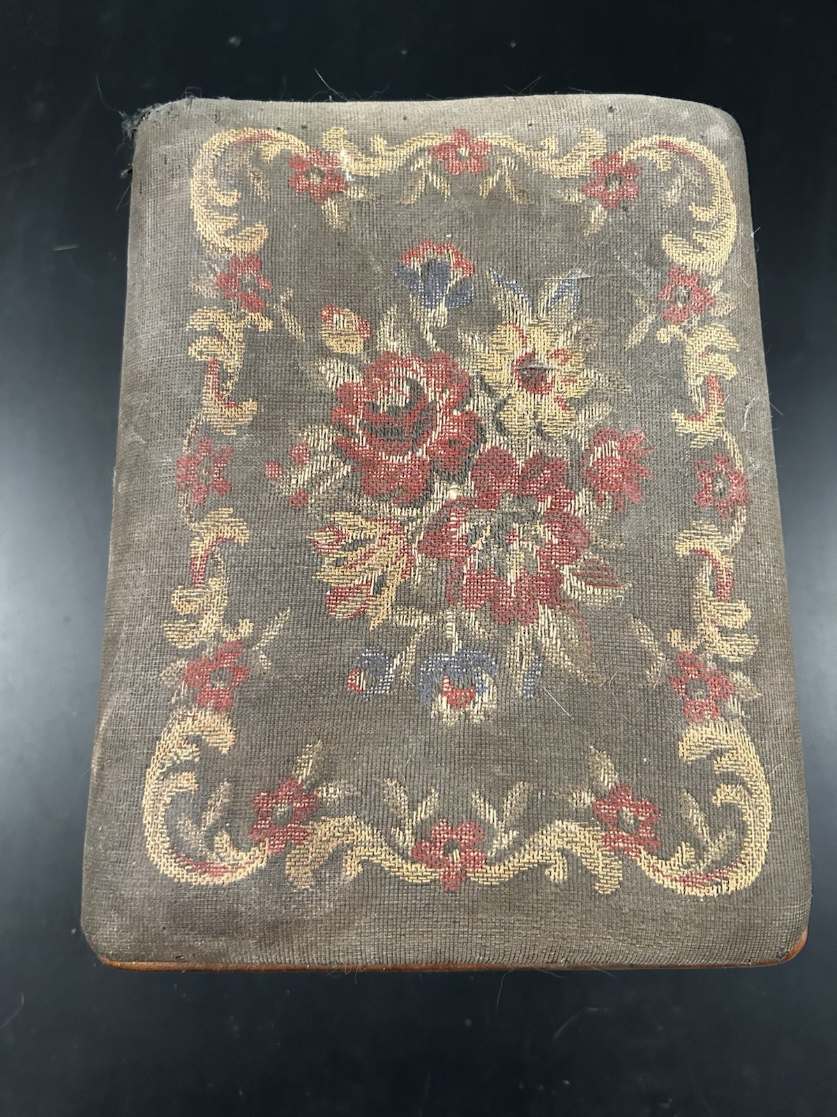 Vintage needlepoint footstool square wooden legs floral