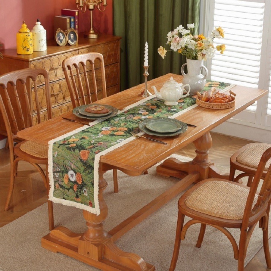 Table Runner 63 Inches Long Boho Floral Table Decor with Tassels for Party House