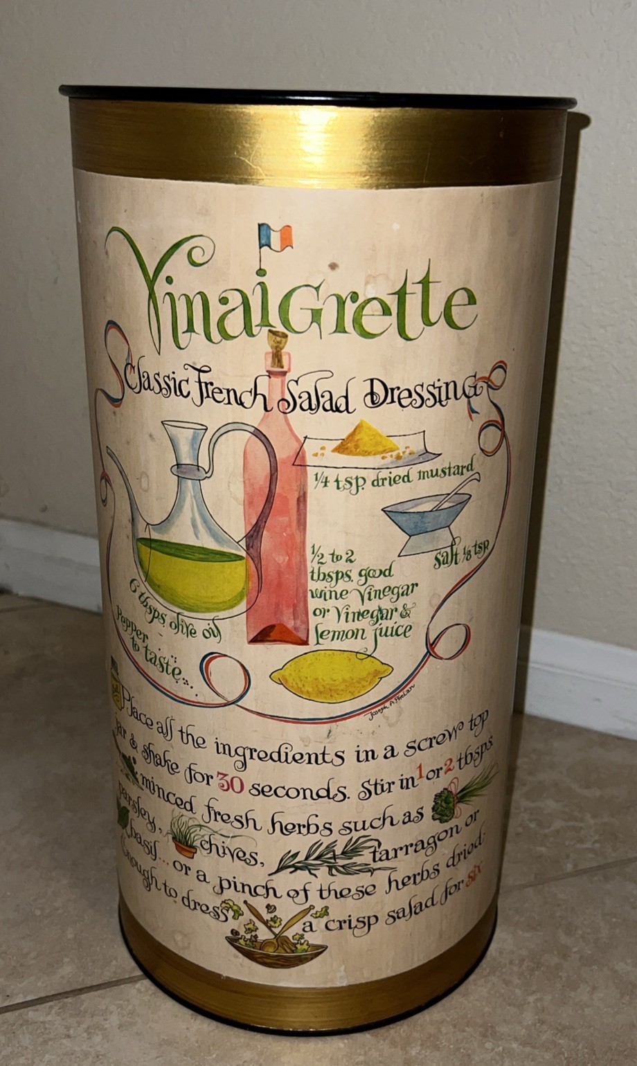 60's Kitchen Recipe MCM Umbrella Stand Black Gold  Metal Joseph Phelan Kitschy