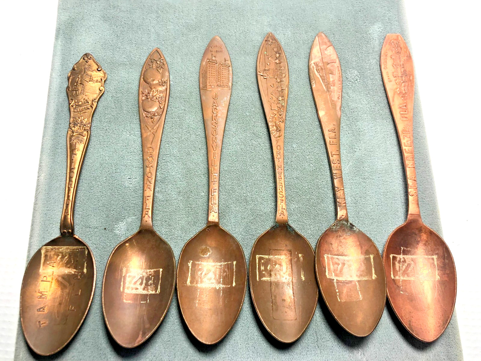 Vintage 1900's Florida Souvenir Copper Spoons Old Hotels - Lot of 6