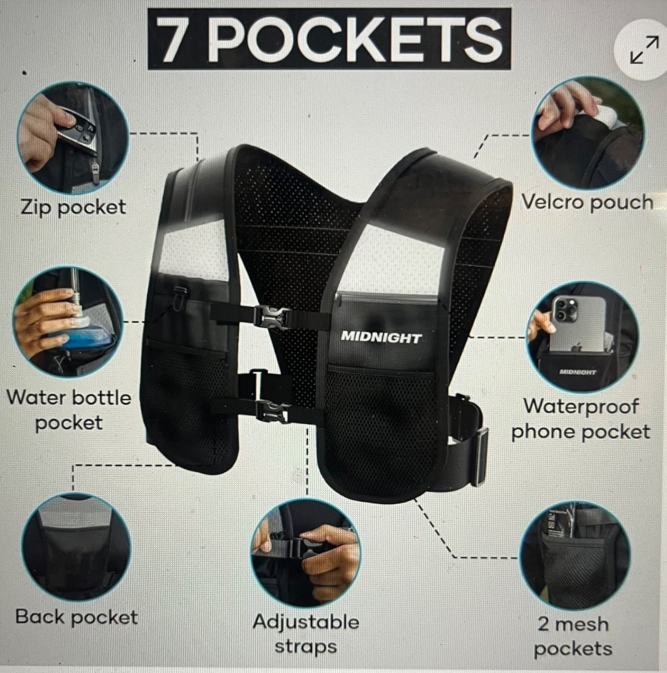 Reflective Water-Resistant Running Vest w/7 Pockets Phone Holder Size M/L night