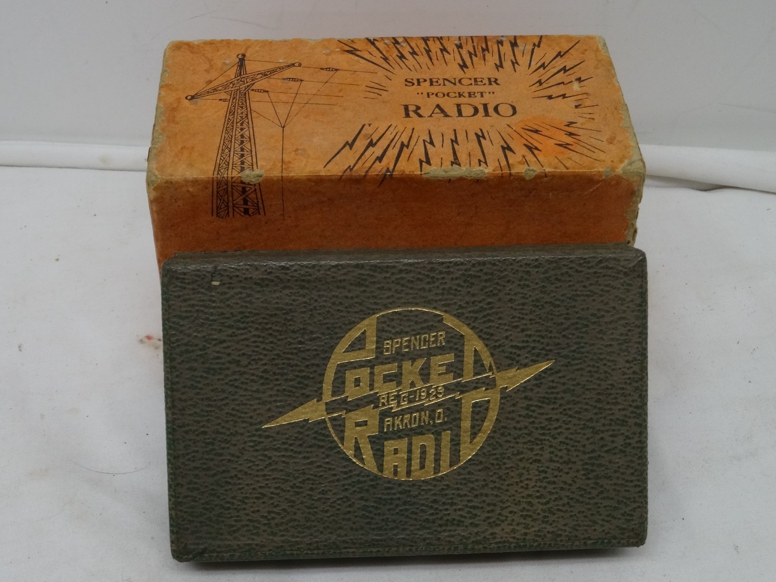 Spencer Pocket Crystal Radio with box and Spencer headphone and cables.