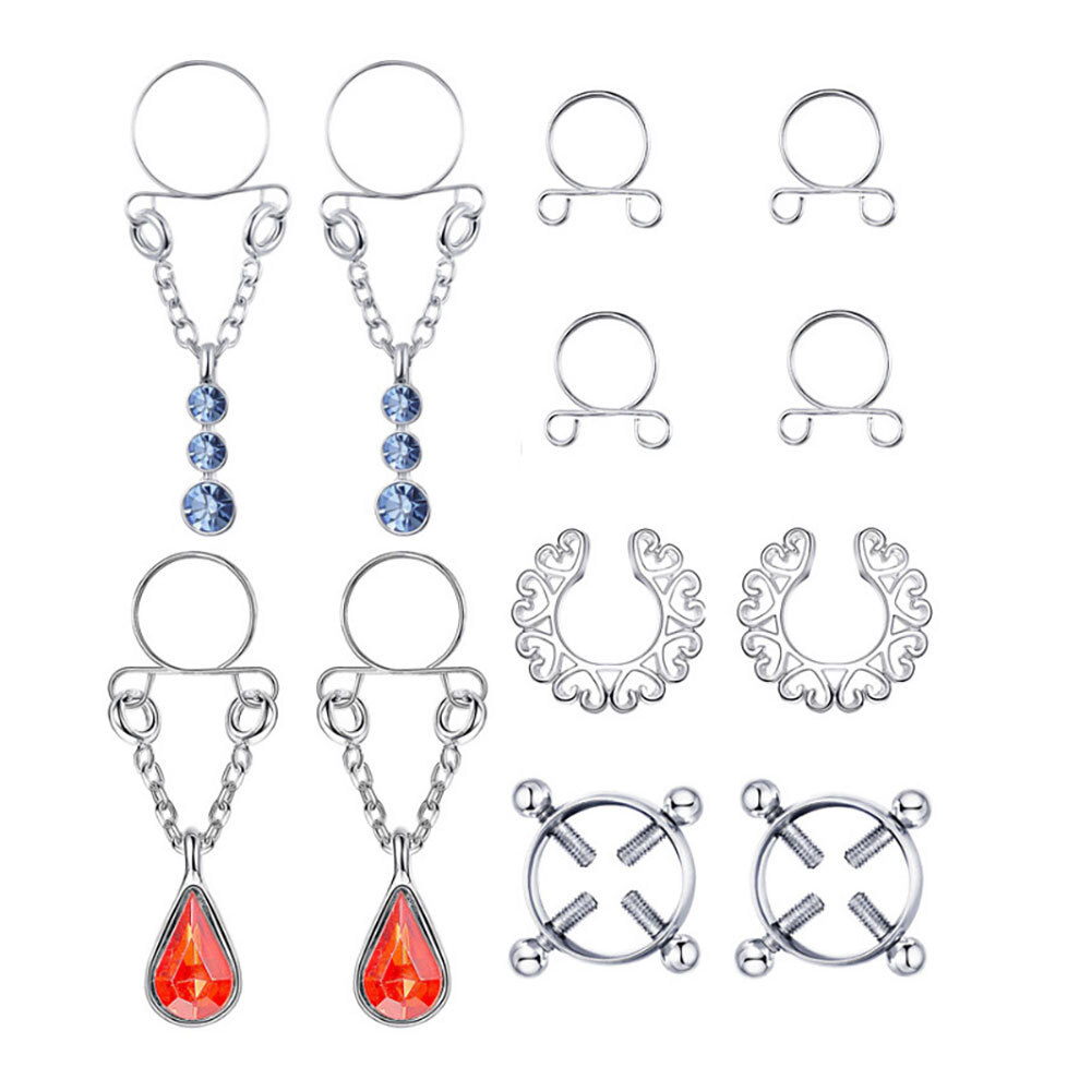 6 Pair Safety Fake Nipple Rings Women Non-Piercing Dangle  screw Clip On Jewelry