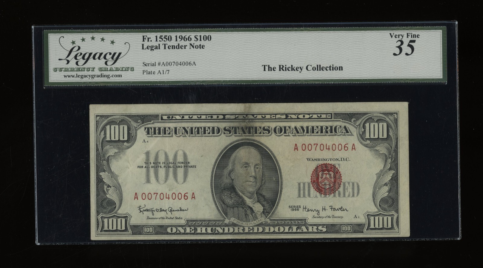 DBR 1966 $100 Legal Fr. 1550 Legacy 35 Serial A00704006A