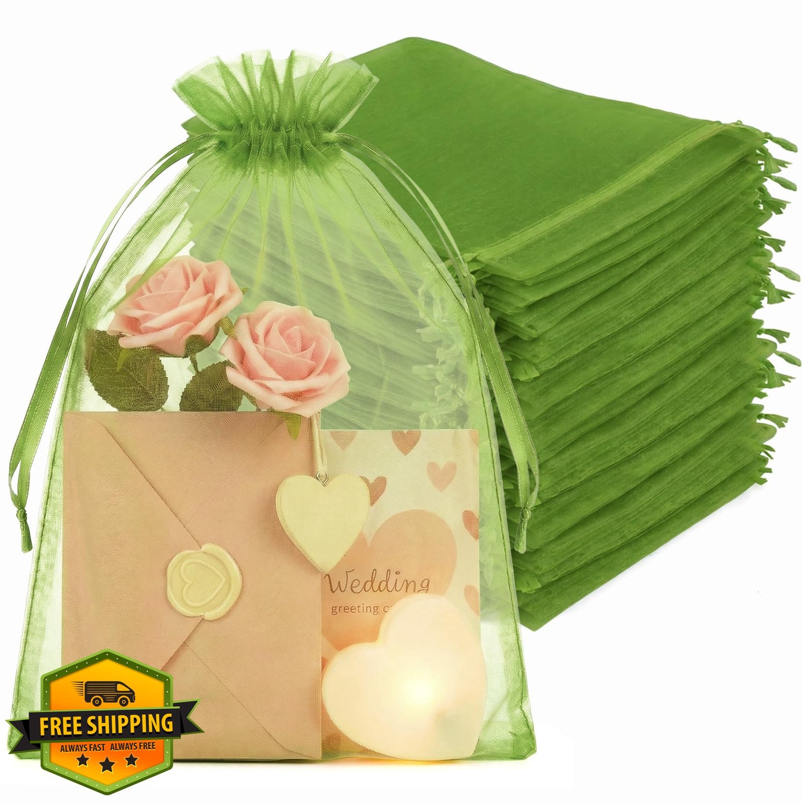 Crweety 100pc Organza Bags 8x12 Green Drawstring Gift Favors