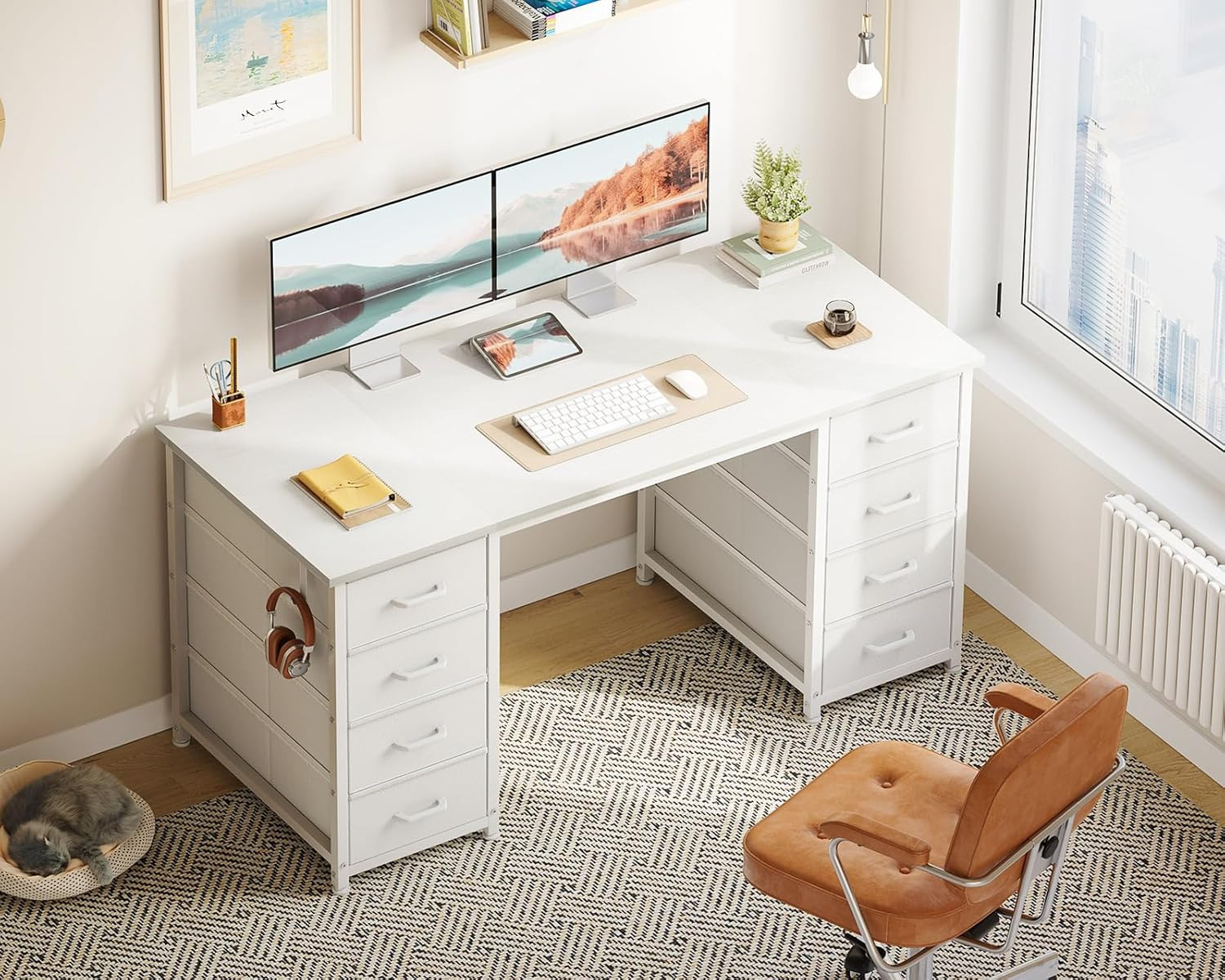 ODK 48 Inch White Computer Desk with 8 Fabric Drawers, Modern Office Desk