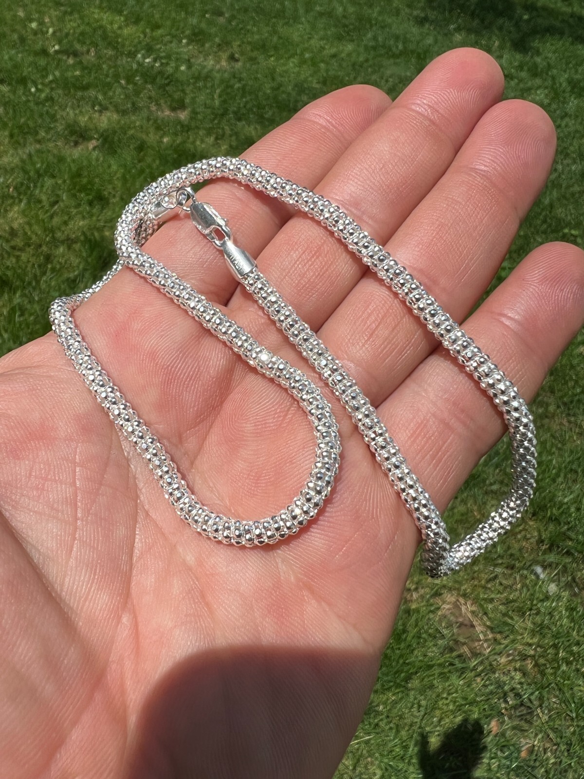 Real Solid 925 Sterling Silver Diamond Cut Popcorn Mesh Chain Necklace Coreana