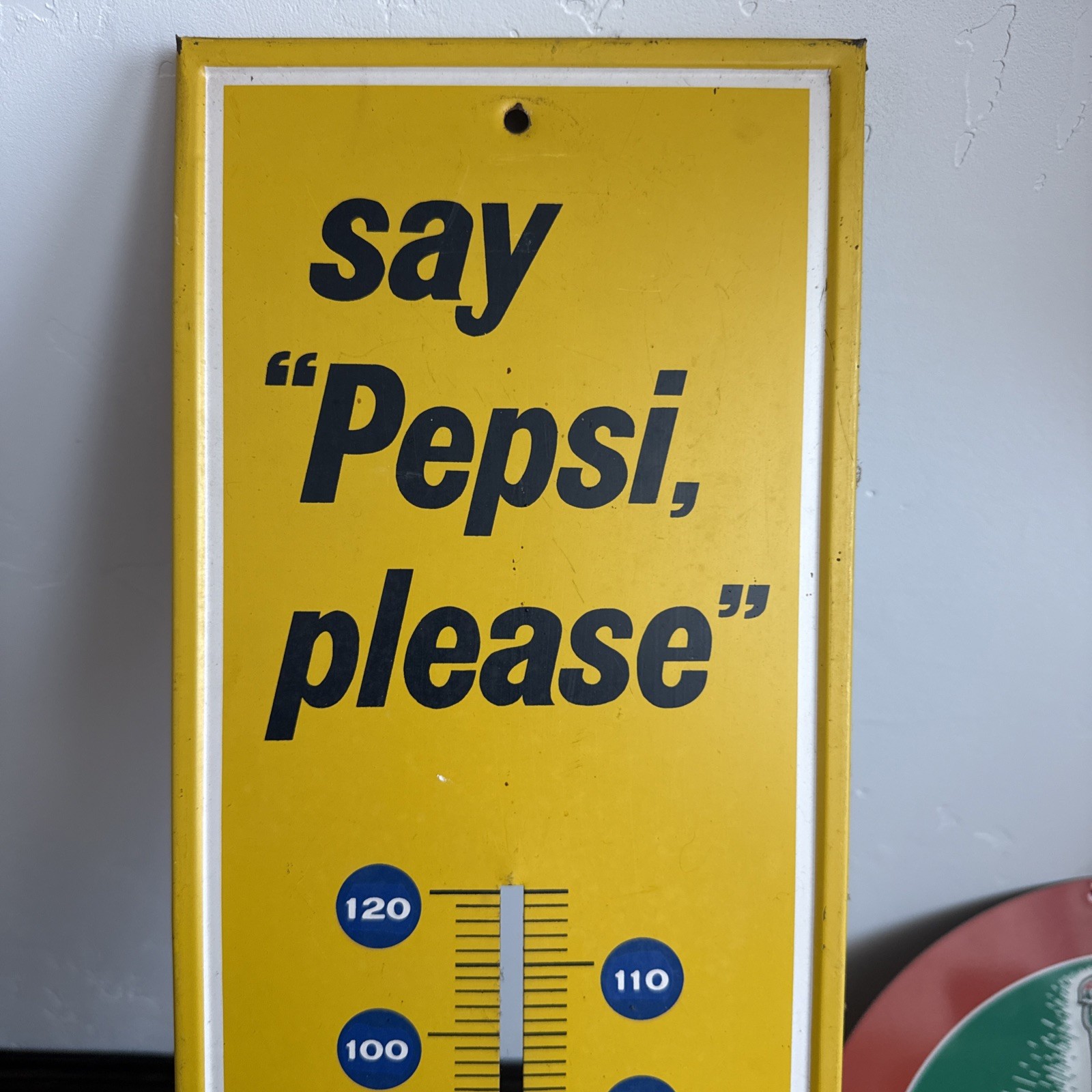 Vintage "Say Pepsi Please" 28" Tall Wall Thermometer Yellow