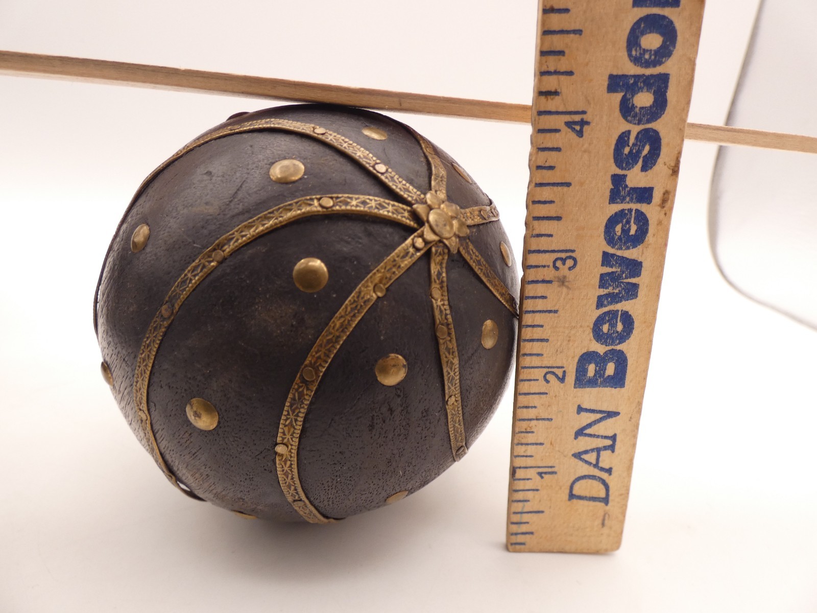 3 Vintage Wooden Ball With Embossed Brass Early 20th C. 5” & 4'' Width