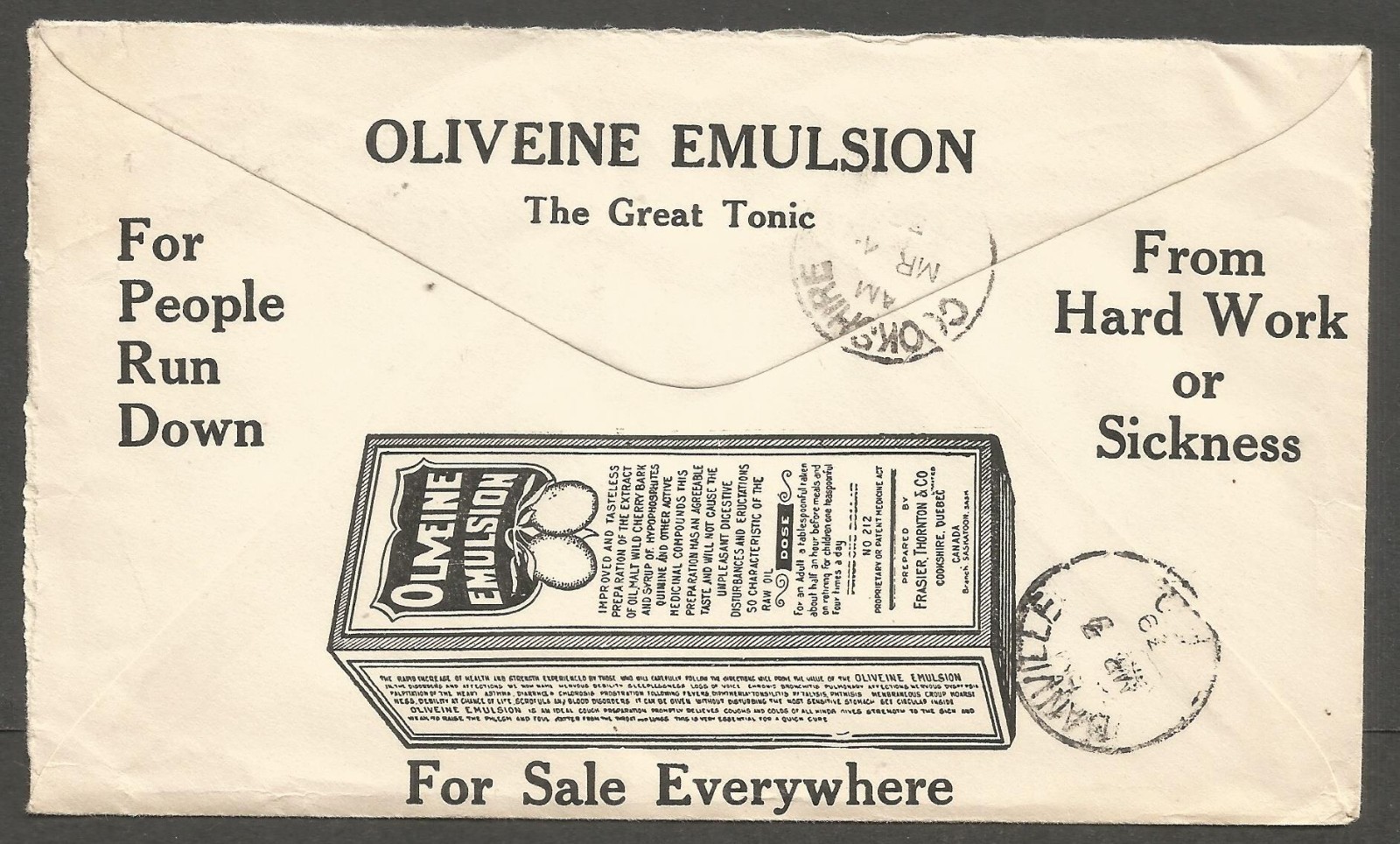 1939 Oliveine Emulsion Tonic Illustrated Advertising Cover 3c CDS St Camille PQ