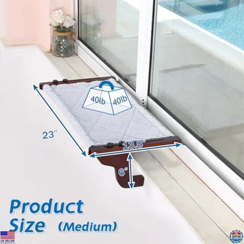 2PC Cat Window Perch Hammock - Pine Wood & Metal Frame, Gray Bed, 23''W x 14''D