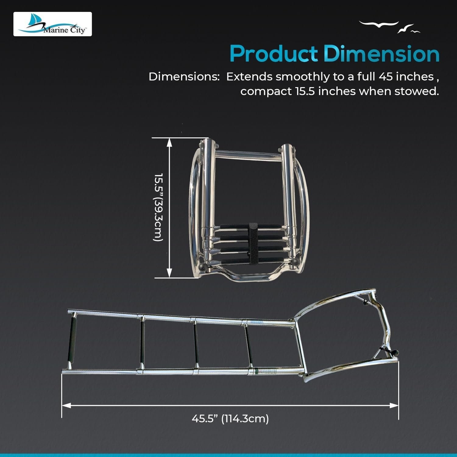 MARINE CITY 4-Step Telescoping Ladder 316 Stainless Steel Curved Mount for RIBs