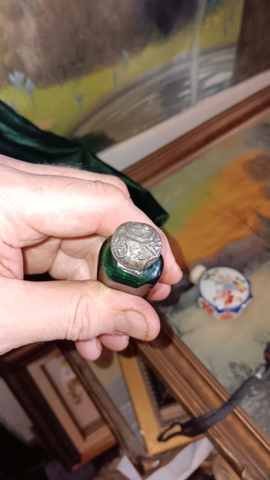 Antique Green Faceted Glass And Sterling Scent Bottle