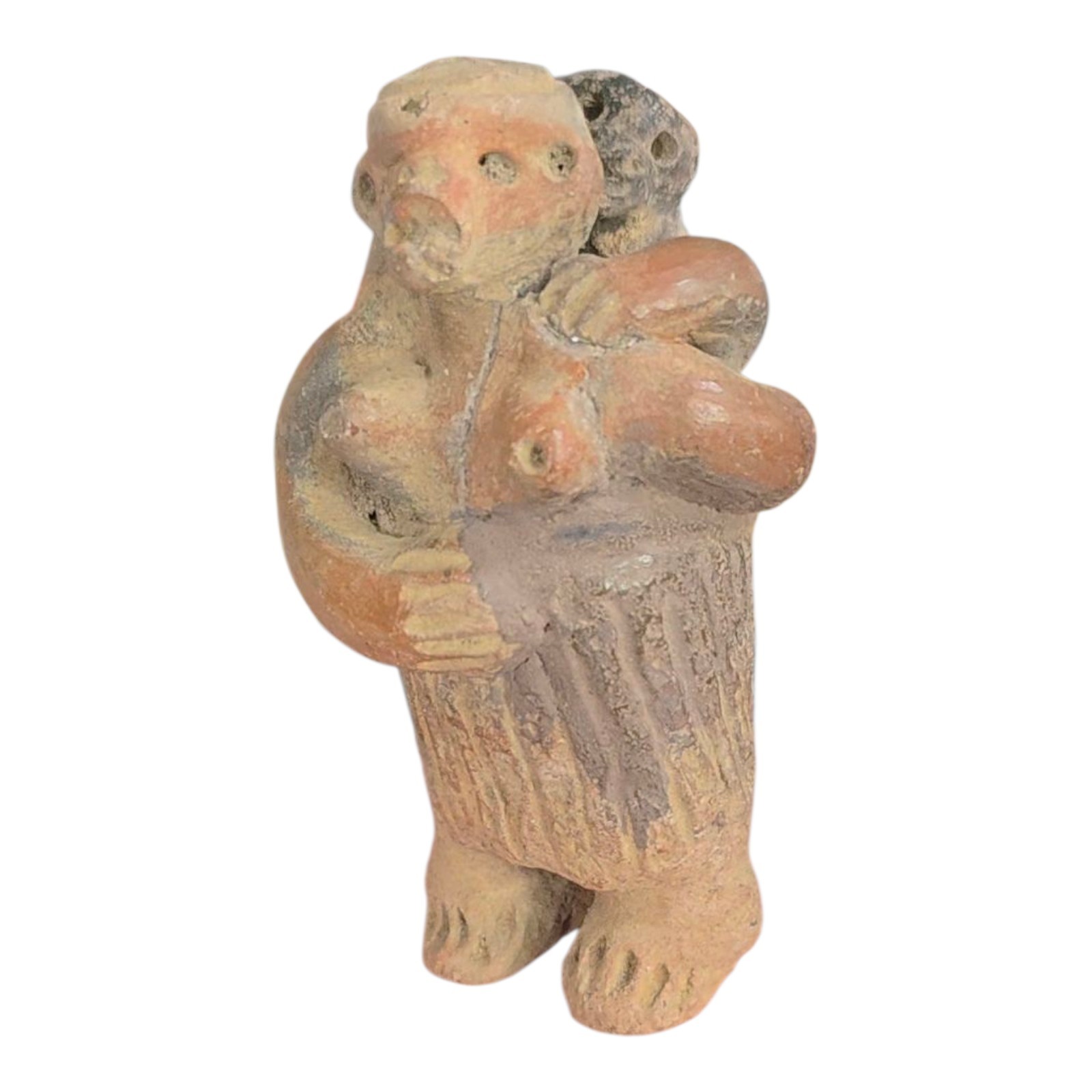 Ancient  Pre-Columbian Human Effigy Carved Stone Artifact Mother With Child