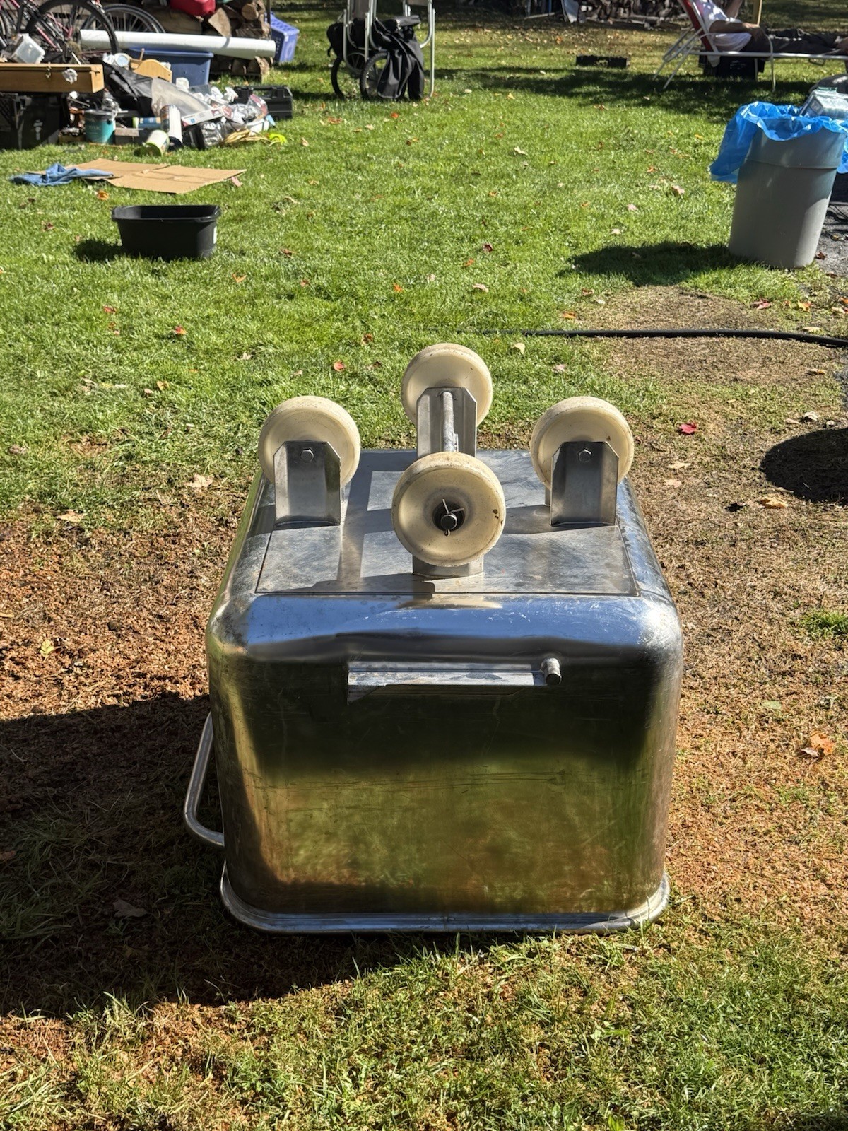 Tote bin with collar, watertight 27in x 27 In x19in Stainless Steel With Wheels