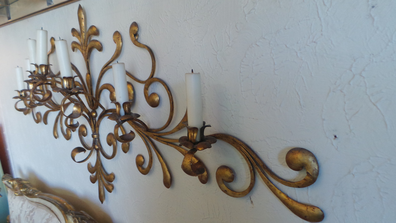 ANTIQUE ORIGINAL GILDED GOLD & METAL WALL SCONCE CANDLE HOLDERS