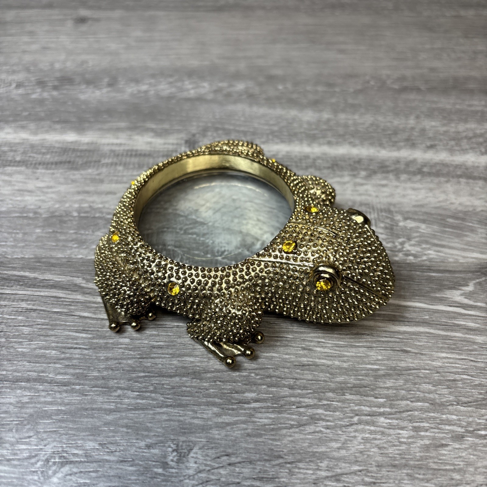 Vintage Brass Frog Magnifying Glass Jeweled Metal Gold Colored Heavy 4” MCM