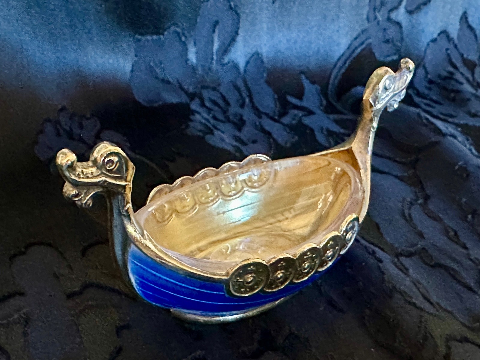 Theodore Olsen Norway Gilt Sterling Silver Blue Guilloche Viking Ship Salt