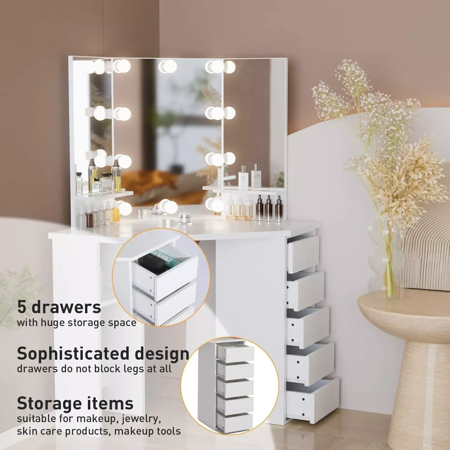 Corner Makeup Vanity Desk Bedroom Vanity Table with Lighted Mirror Girls Vanity~