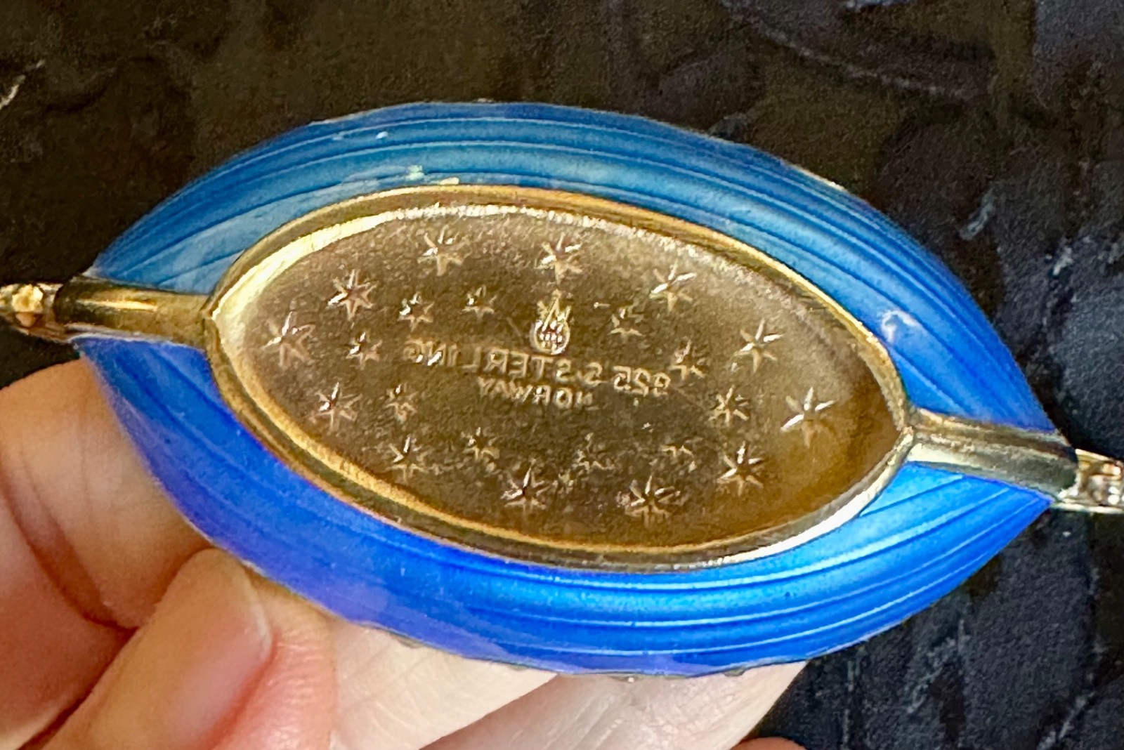 Theodore Olsen Norway Gilt Sterling Silver Blue Guilloche Viking Ship Salt