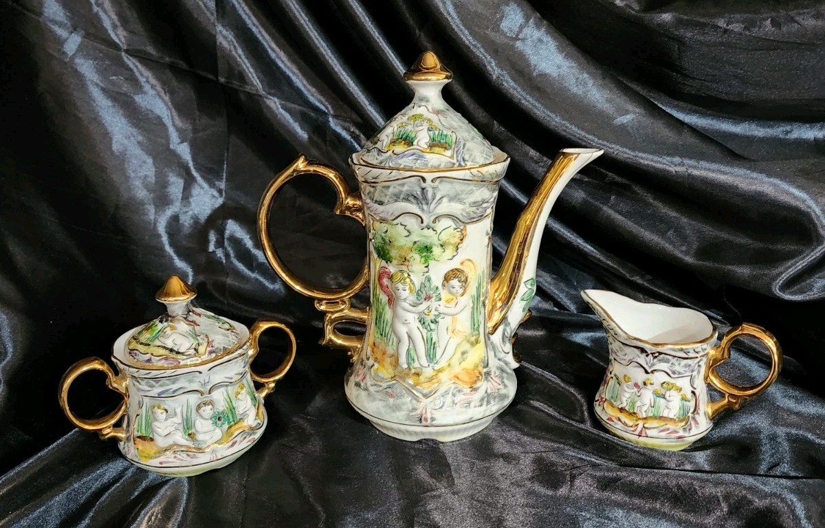 Vintage Pereiras Valado Porcelain Coffee Tea Set hand painted Portugal Cherubs