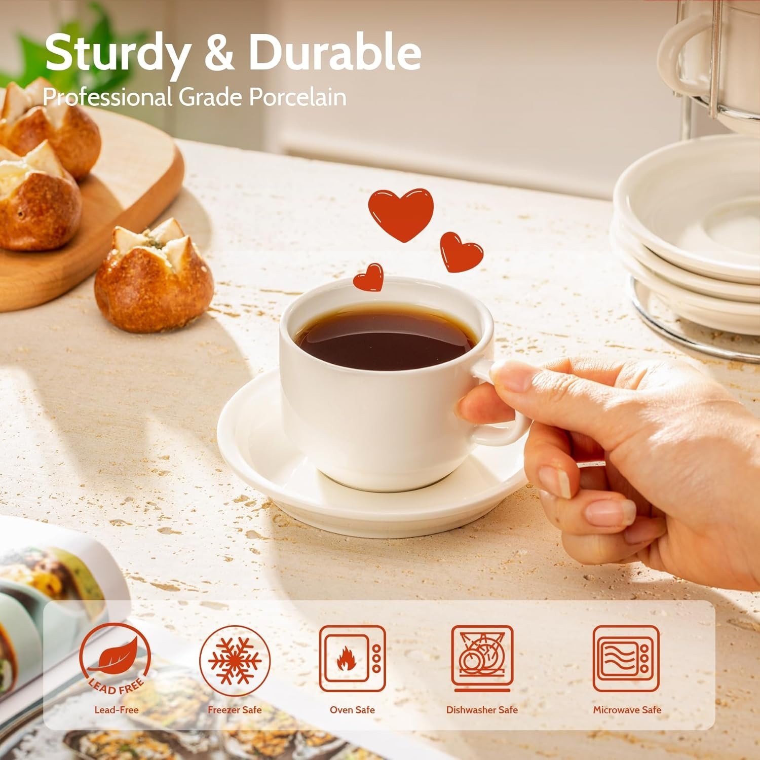 8 Ounce Porcelain Stackable Cappuccino Cups with Saucers and Metal Stand - fo...