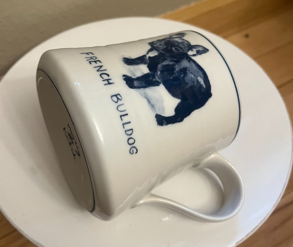 Molly Hatch Anthropologie French Bulldog 14oz Coffee Mug Blue Cream Hand Painted