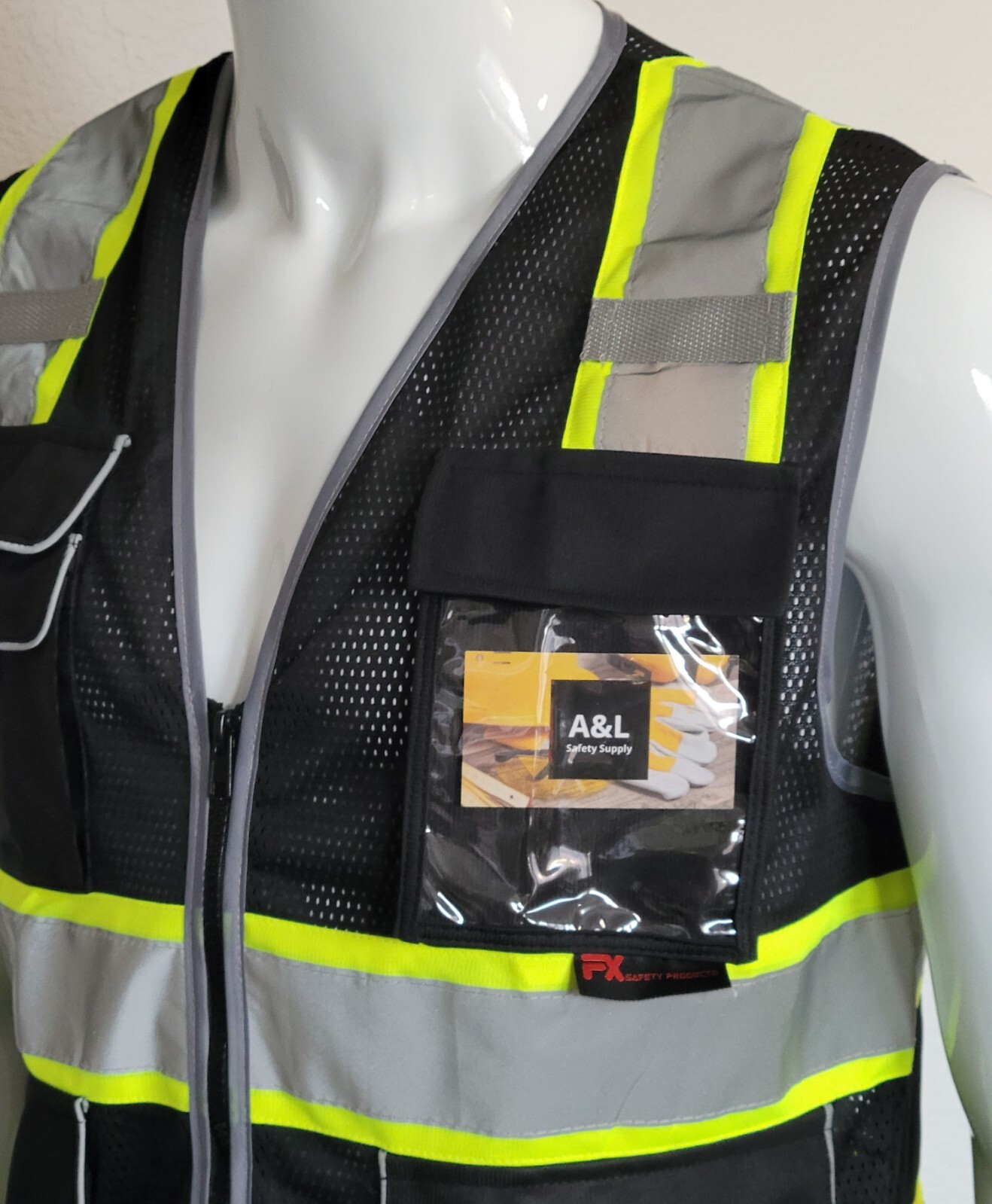 FX Class2 Hi-Vis Reflective Safety Vests with 6 Pockets and Zipper Front Black.