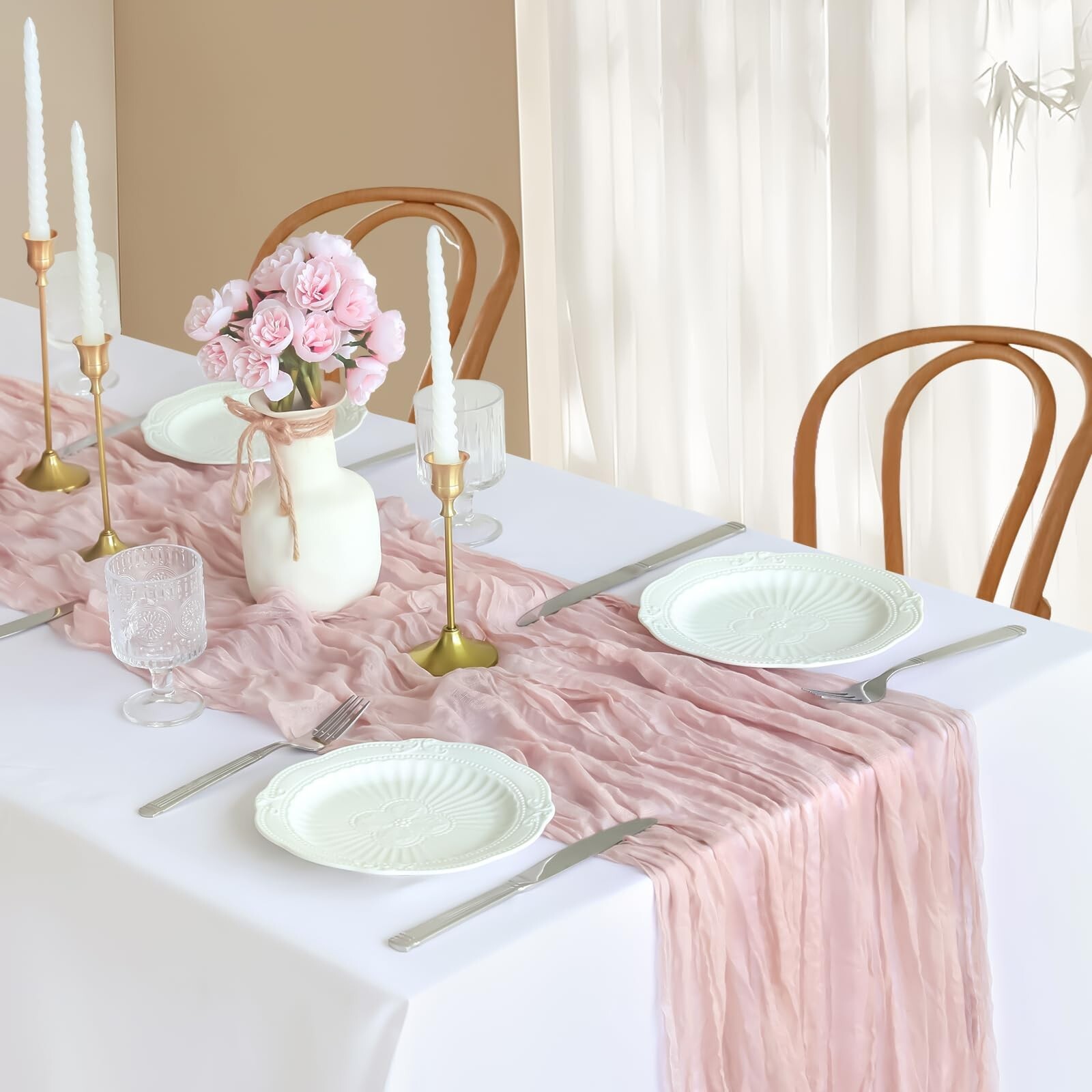 Pink Cheesecloth Table Runner, 10FT Dusty Pink Summer Boho Gauze Table Runner...