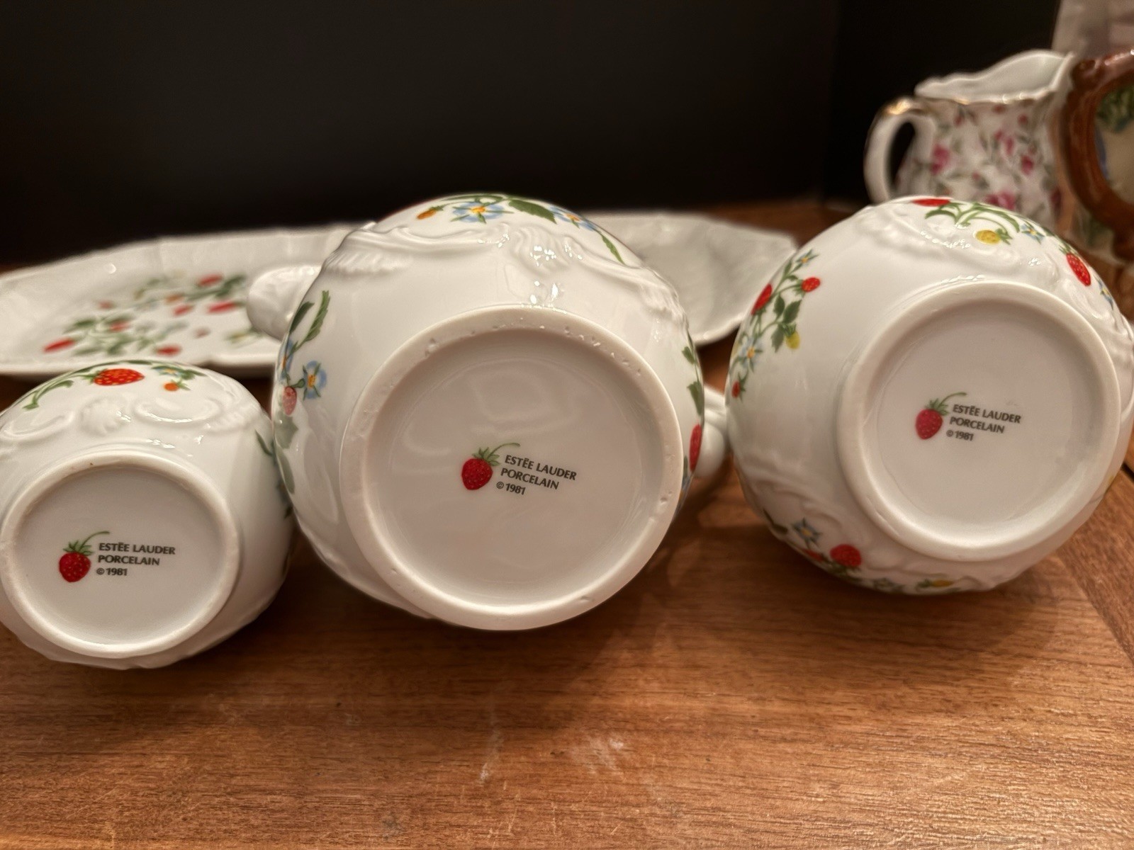 Vintage Estée Lauder 1981 Strawberry Tea Pot, Creamer, Sugar Bowl, Tray