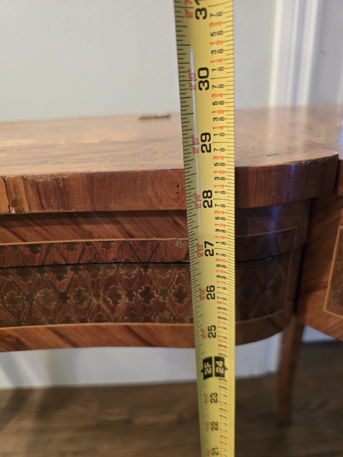 "Antique vanity table from the late 1800s with intricate inlay & a hidden mirror