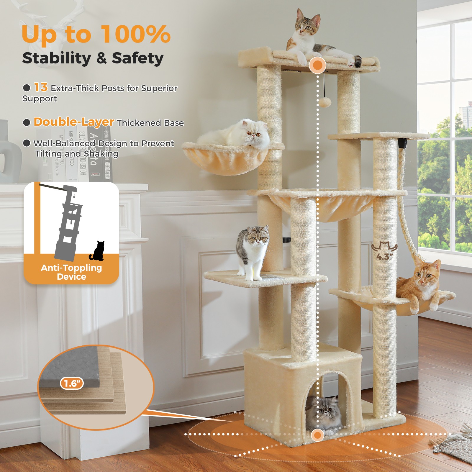 PAWZ Road Maine Coon Cat Tree 67-Inch Heavy Duty Cat Tower for Indoor Large Cats