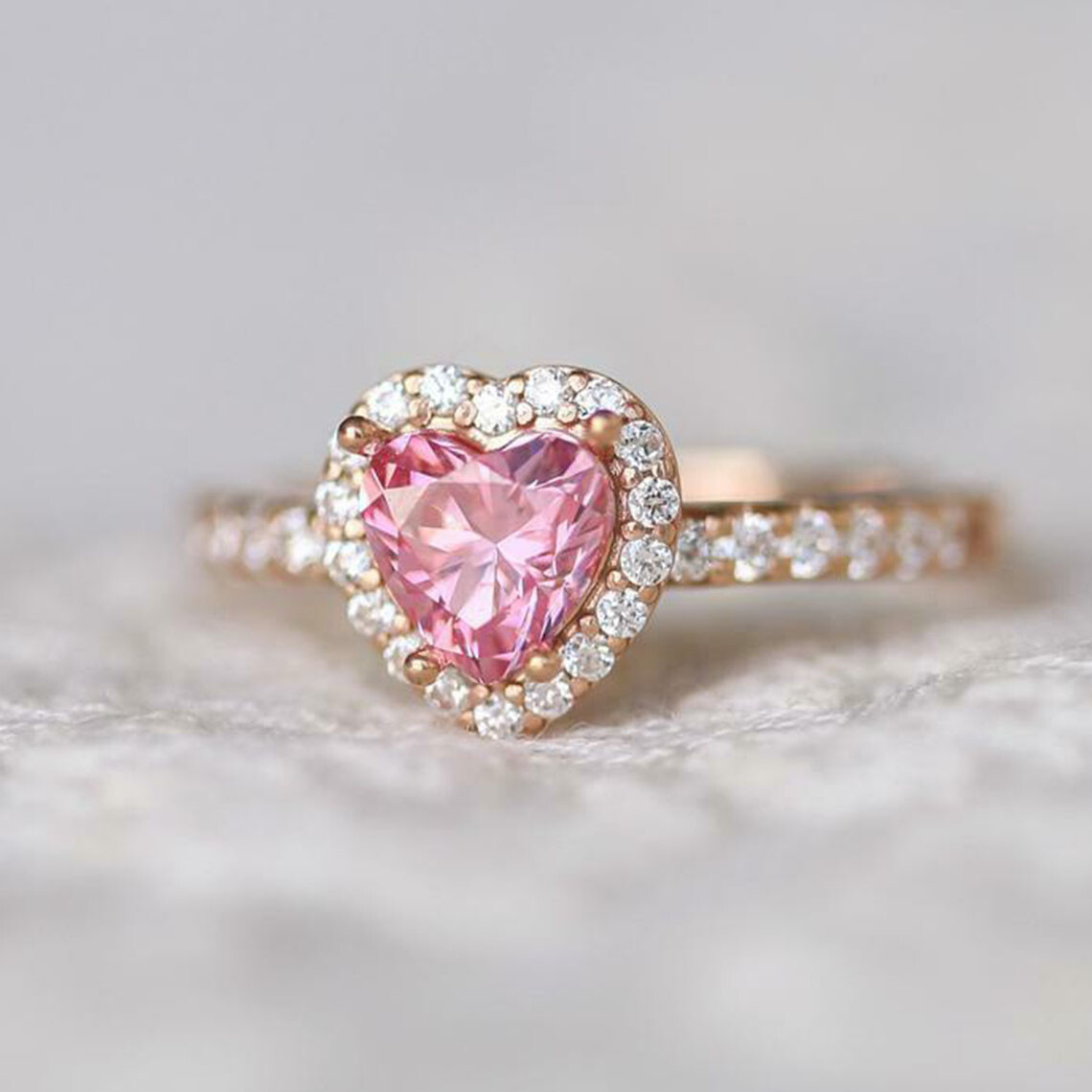2 Ct Heart Cut Pink Lab Created Diamond Wedding Halo Ring 14K Rose Gold Finish