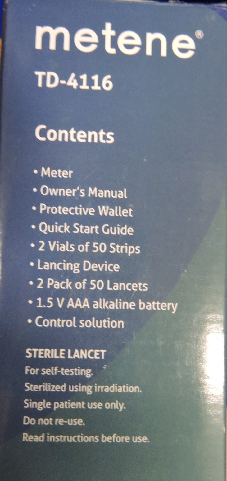 NEW Metene TD-4116 Blood Glucose Monitor/ 100 Strips 100 Lancets/ Bag / exp 2026