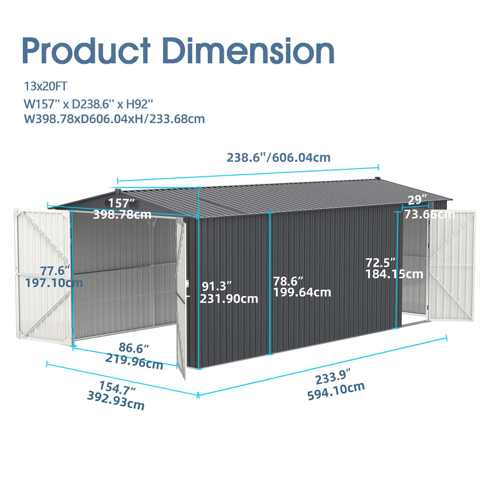 13x20FT Galvanized Metal Outdoor Storage Shed Livestock Garage Free shipping