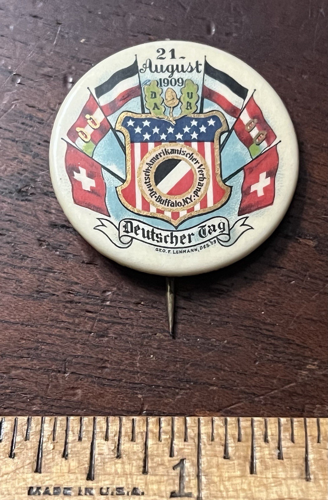 Deutscher Tag, Aug 1909  Pinback Button 1.25 in Dia Buffalo NY . Backing Paper