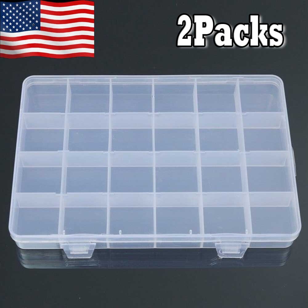 2Pcs 24 Grid Plastic Compartments For Jewelry Bead Organizer Storage Box Case US