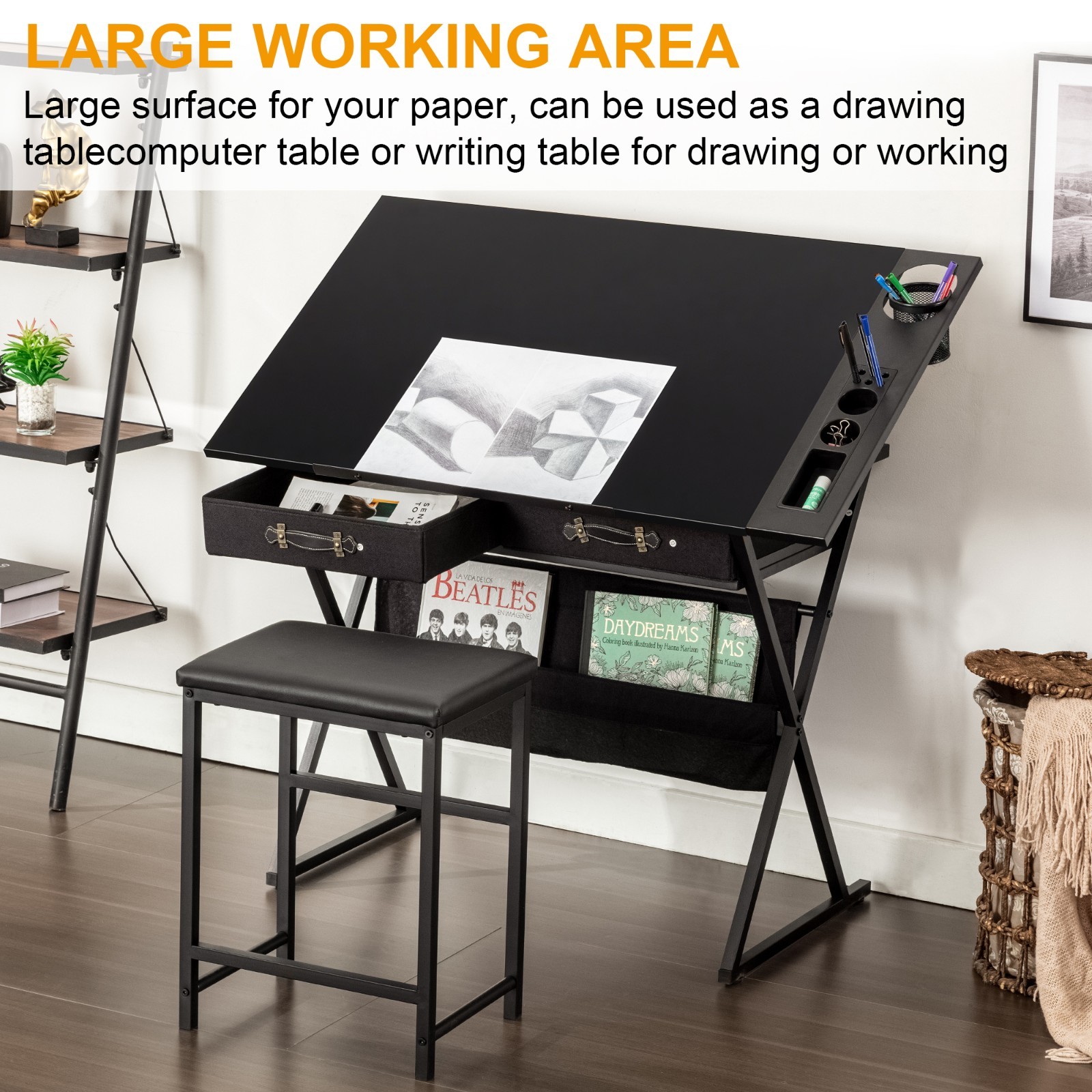Vecelo Drafting Table Art Desk Art Table Adjustable Drawing Table w/Drawer Stool