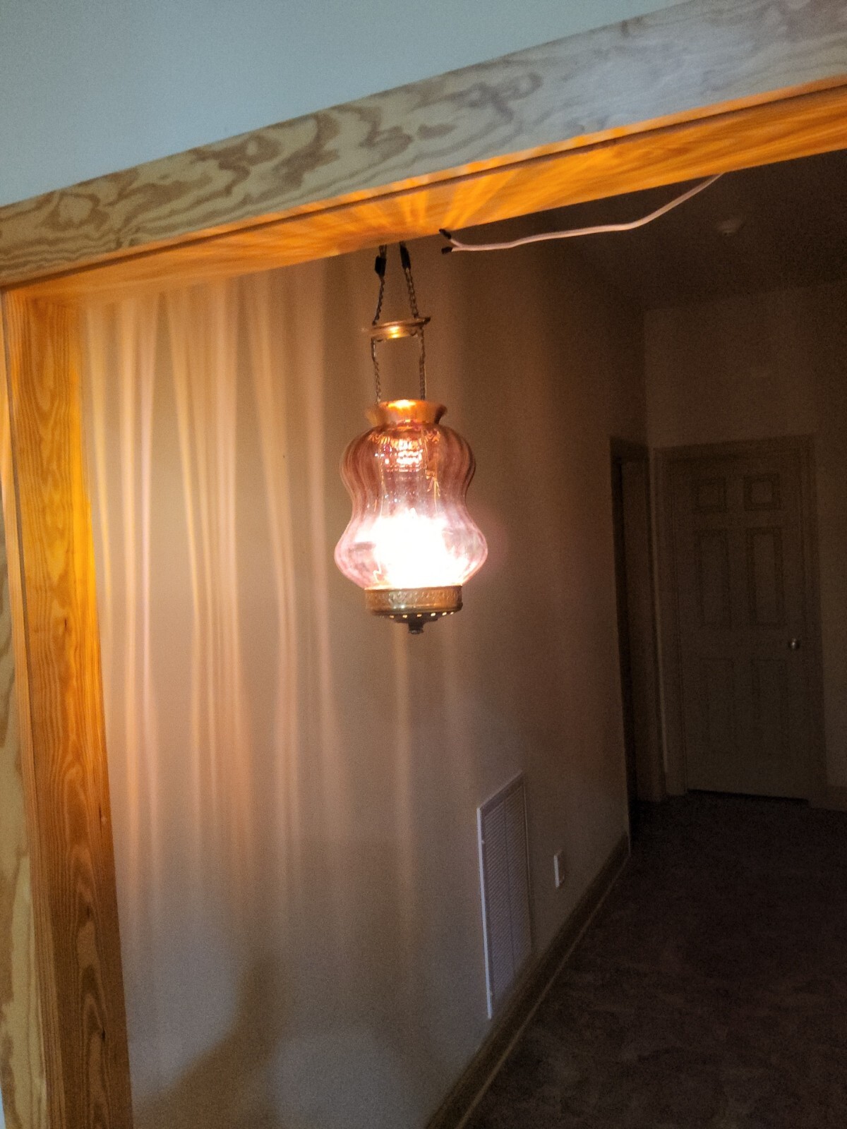 ATQ Victorian Cranberry Opalescent Striped Red Glass Pendant Ceiling Hall Light