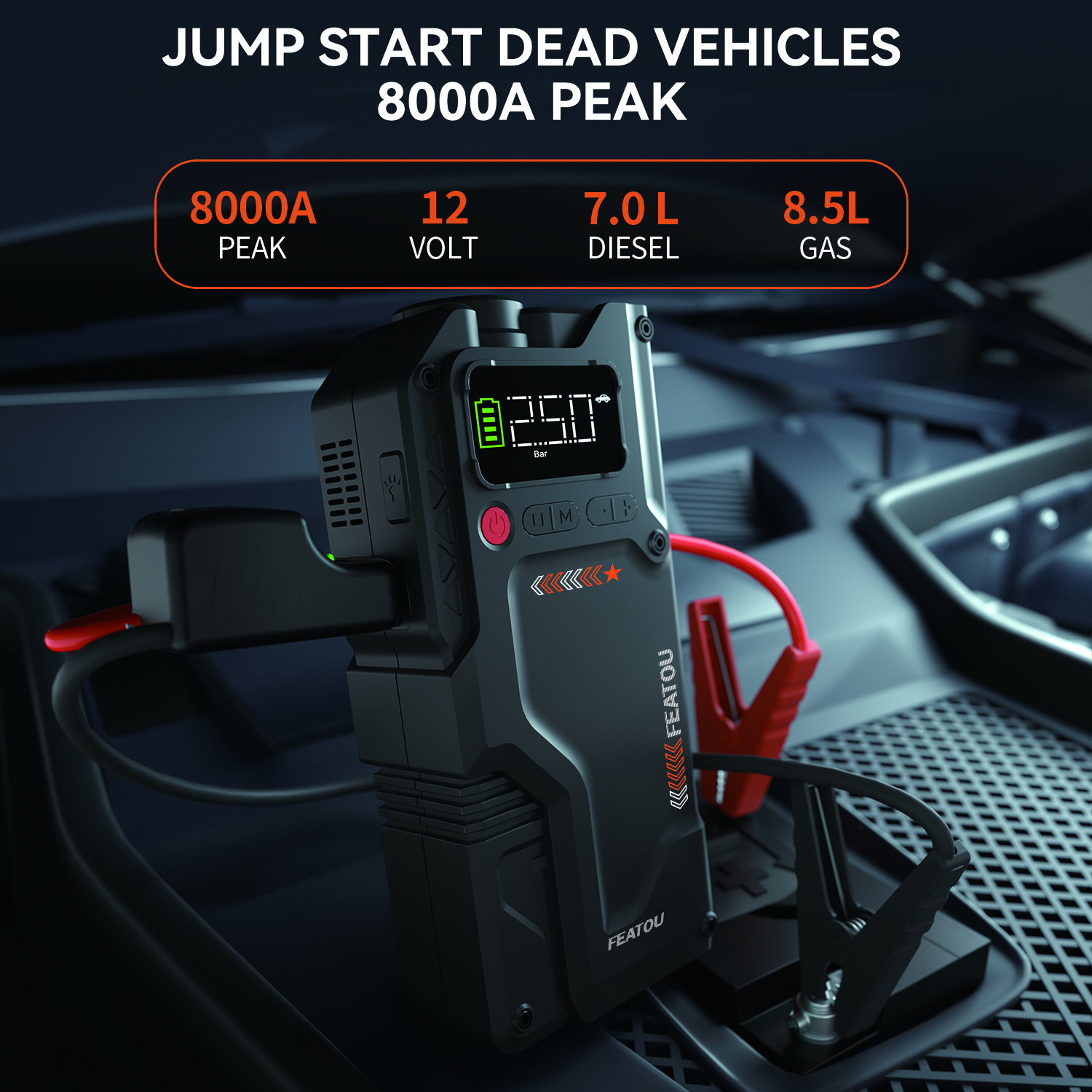 Featou 8000A Car Jump Starter With Air Compressor Pack Booster 12V Power Bank