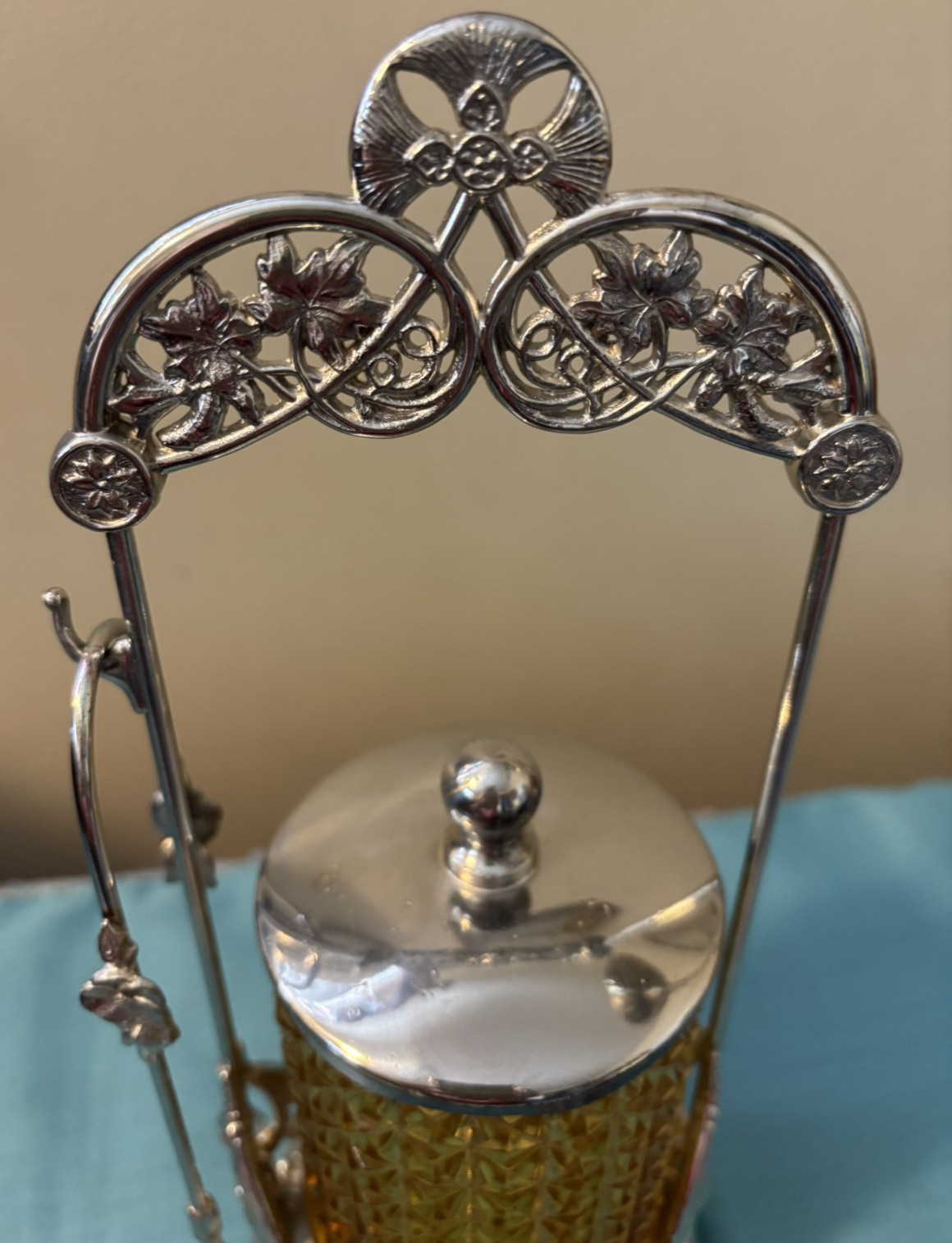 Antique Amber Glass Silver Plate Floral & Vines Pickle Castor with Tongs Signed