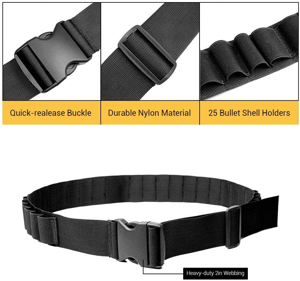 25 Round Shotgun Sling Bandolier Ammo Waist Belt with Shell Holder for 12GA 20GA
